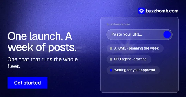 Social ad for BuzzBomb: "One launch. A week of posts." Swiss style, bottom layout, dark palette in blue.