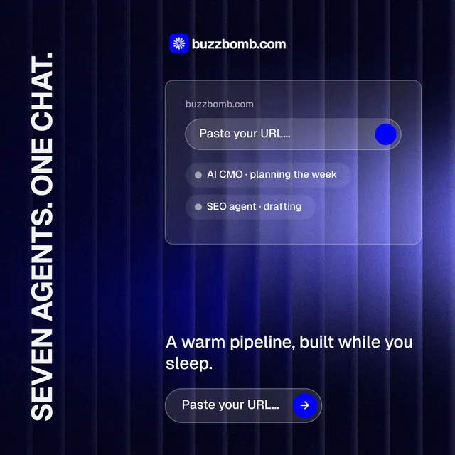 Instagram post for BuzzBomb: "Seven agents. One chat." Agentic glass style, vertical layout, dark palette in black, blue.