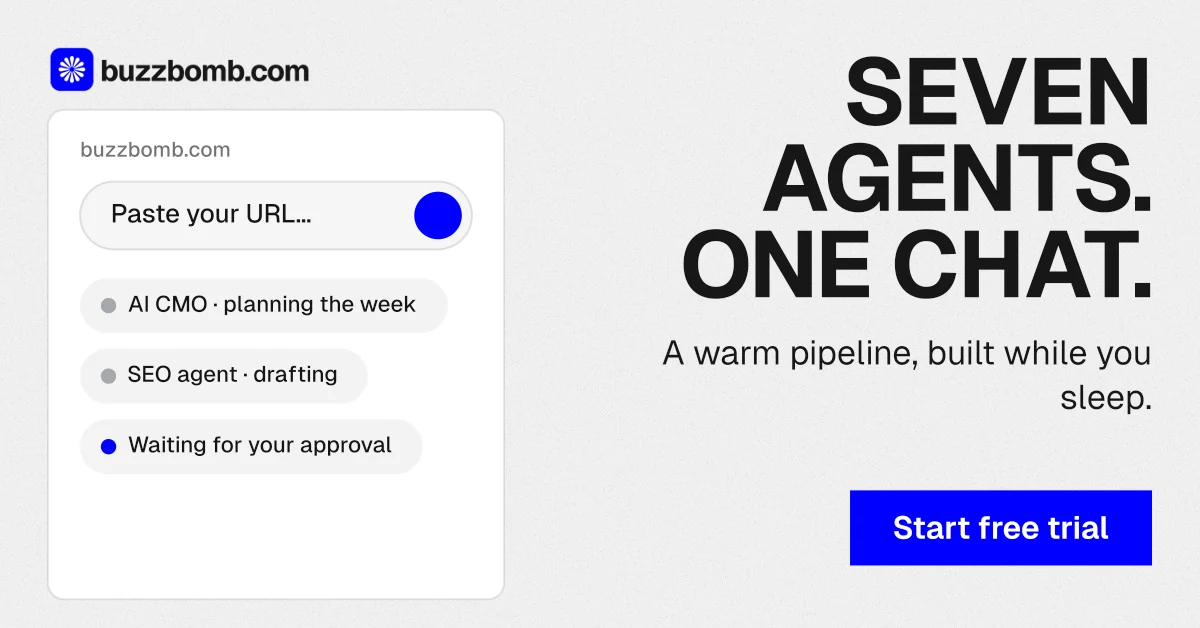 Social ad for BuzzBomb: "Seven agents. One chat." Swiss style, right layout, light palette in white, blue.