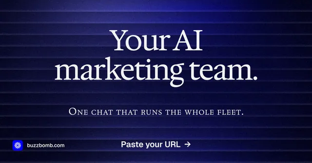 Social ad for BuzzBomb: "Your AI marketing team." Agentic glass style, smallcaps layout, dark palette in black, blue, grey.