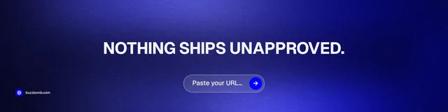 LinkedIn banner for BuzzBomb: "Nothing ships unapproved." Agentic glass style, centred layout, dark palette in blue.