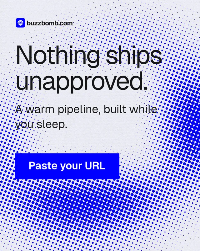 Instagram portrait post for BuzzBomb: "Nothing ships unapproved." Swiss style, skeleton layout, light palette in blue, white.