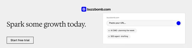 LinkedIn banner for BuzzBomb: "Spark some growth today." Editorial style, bottom layout, light palette in white.