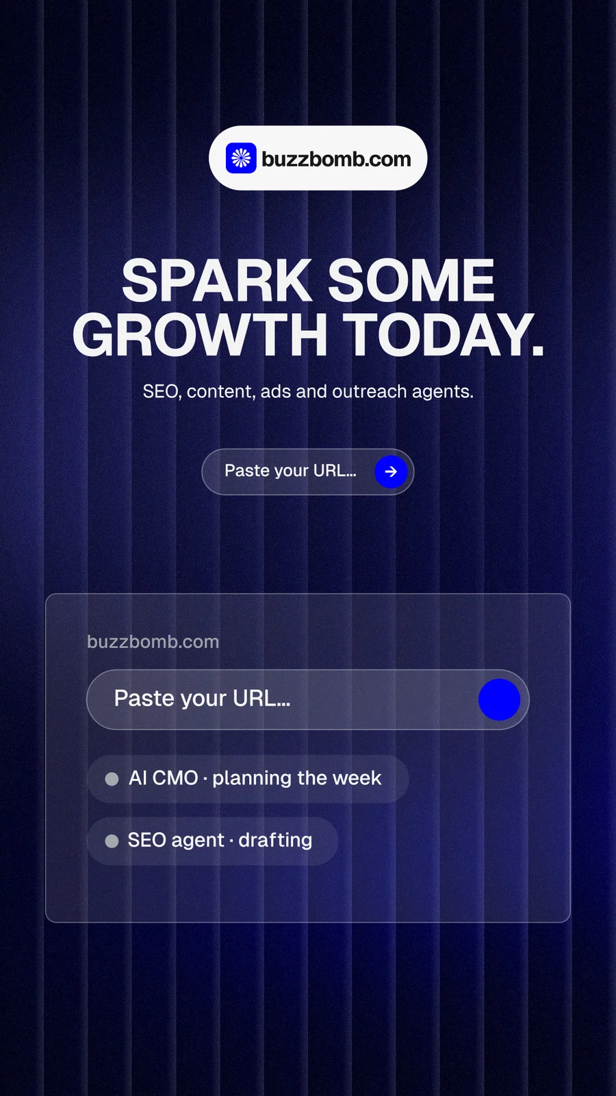 Instagram story for BuzzBomb: "Spark some growth today." Agentic glass style, centred layout, dark palette in black, blue, grey.