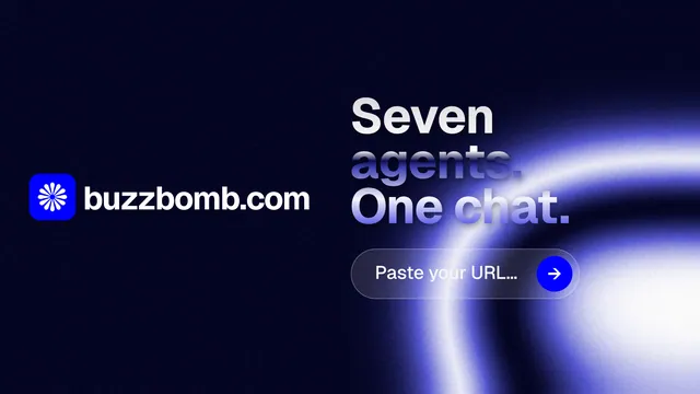 Landscape graphic for BuzzBomb: "Seven agents. One chat." Agentic glass style, logo hero layout, dark palette in black, blue.