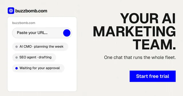 Social ad for BuzzBomb: "Your AI marketing team." Swiss style, right layout, light palette in white, grey.
