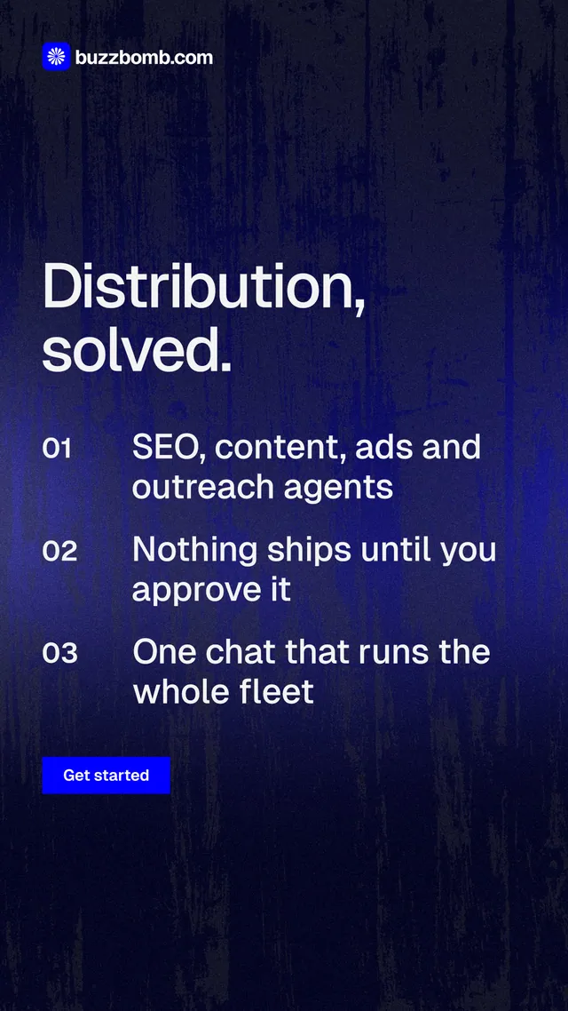 Instagram story for BuzzBomb: "Distribution, solved." Swiss style, numbered layout, dark palette in blue, black.