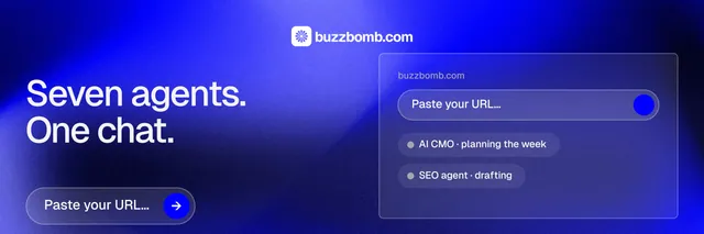 X header for BuzzBomb: "Seven agents. One chat." Agentic glass style, bottom layout, dark palette in blue.