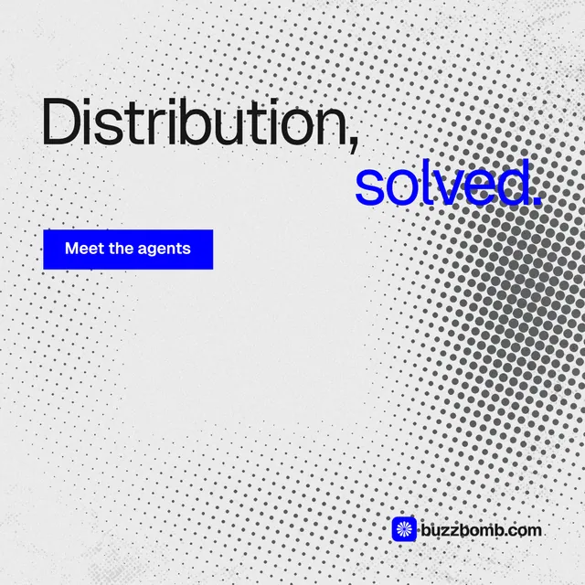 Instagram post for BuzzBomb: "Distribution, solved." Swiss style, stacked layout, light palette in white, grey.