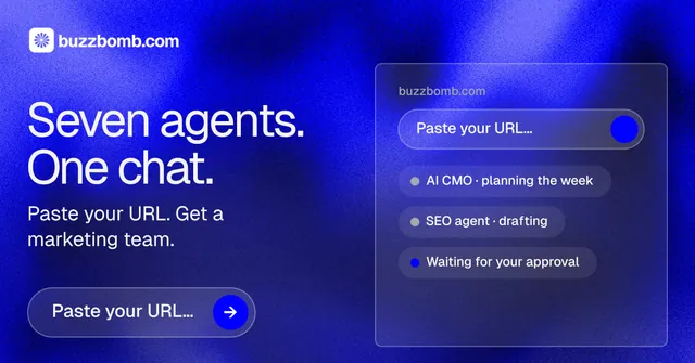 Social ad for BuzzBomb: "Seven agents. One chat." Agentic glass style, bottom layout, dark palette in blue.