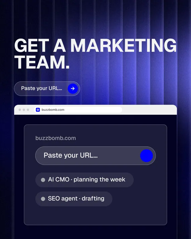 Instagram portrait post for BuzzBomb: "Get a marketing team." Agentic glass style, browser layout, dark palette in blue, black.