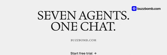 X header for BuzzBomb: "Seven agents. One chat." Swiss style, smallcaps layout, light palette in white, grey.