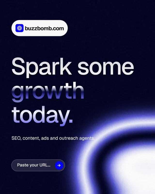 Instagram portrait post for BuzzBomb: "Spark some growth today." Agentic glass style, announce layout, dark palette in black, blue.