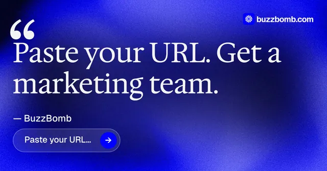 Social ad for BuzzBomb: "Your AI marketing team." Agentic glass style, quote layout, dark palette in blue.