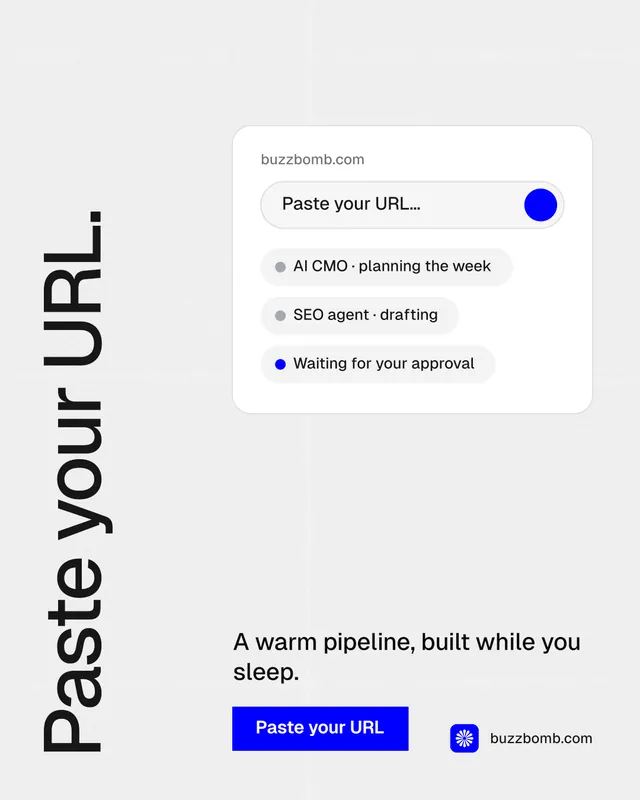 Instagram portrait post for BuzzBomb: "Paste your URL." Swiss style, vertical layout, light palette in white, blue.