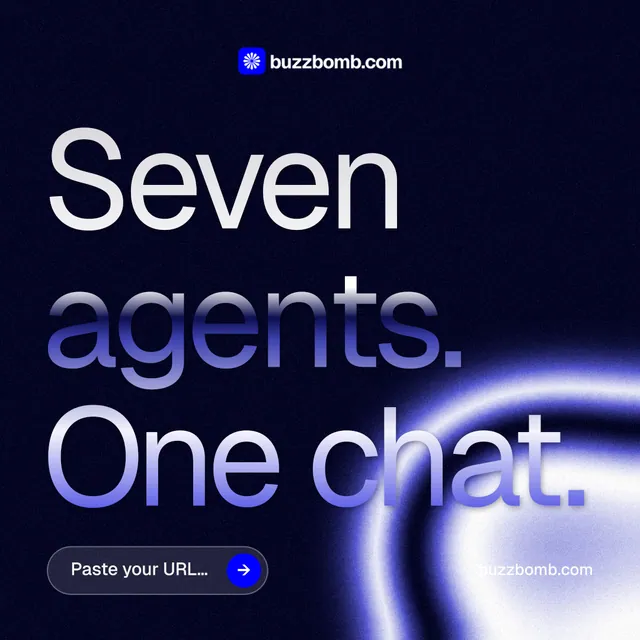 Instagram post for BuzzBomb: "Seven agents. One chat." Agentic glass style, poster layout, dark palette in black, blue.