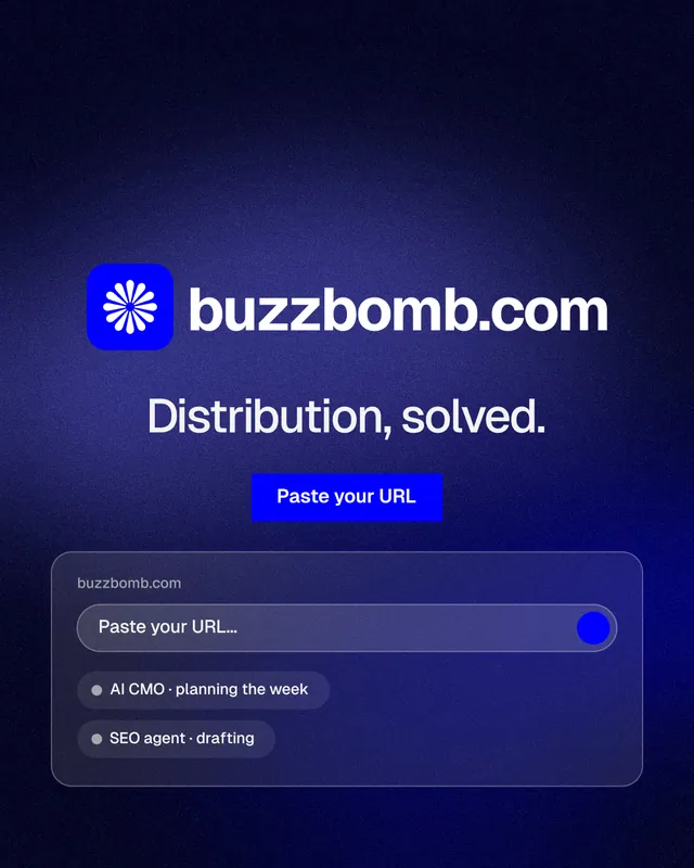 Instagram portrait post for BuzzBomb: "Distribution, solved." Swiss style, logo hero layout, dark palette in black, blue.