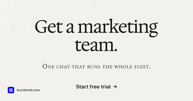 Social ad for BuzzBomb: "Get a marketing team." Swiss style, smallcaps layout, light palette in white.