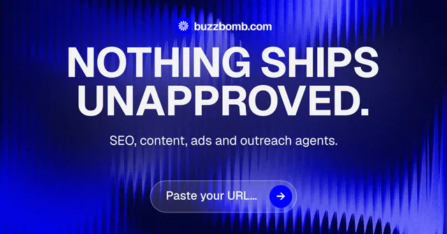 Social ad for BuzzBomb: "Nothing ships unapproved." Agentic glass style, centred layout, dark palette in blue.