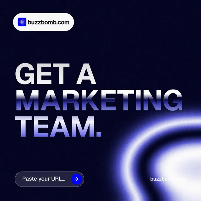 Instagram post for BuzzBomb: "Get a marketing team." Agentic glass style, poster layout, dark palette in black, blue.