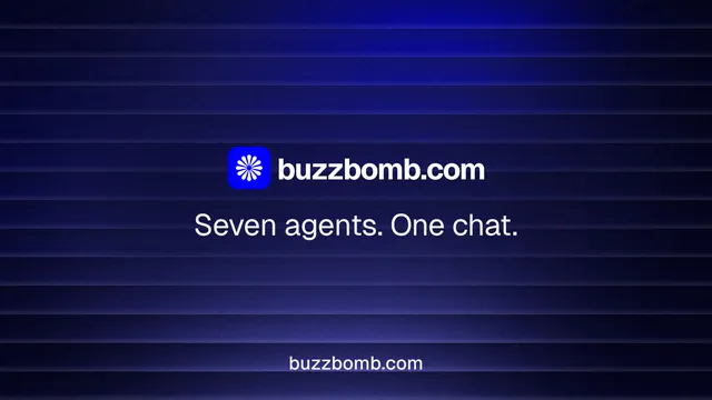 Landscape graphic for BuzzBomb: "Seven agents. One chat." Agentic glass style, end card layout, dark palette in black, blue.