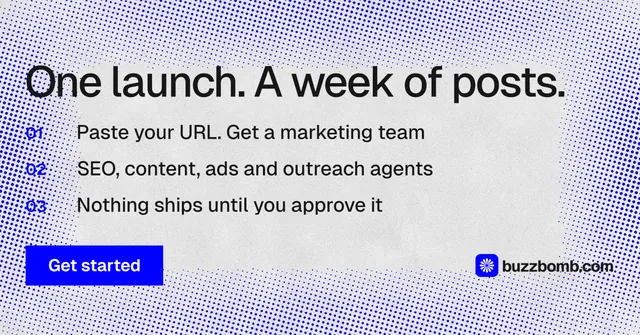 Social ad for BuzzBomb: "One launch. A week of posts." Swiss style, numbered layout, light palette in blue, white.