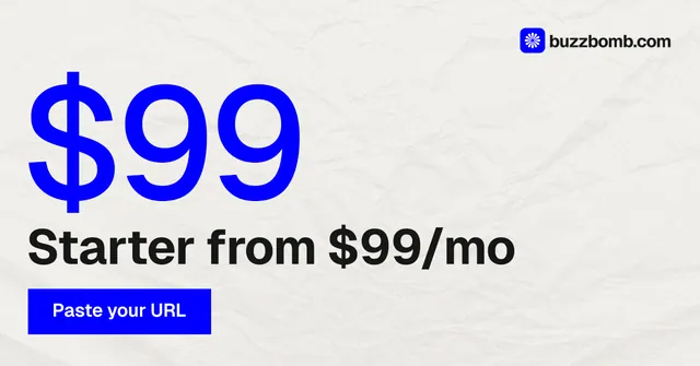 Social ad for BuzzBomb: "Get a marketing team." Swiss style, stat layout, light palette in white, blue.