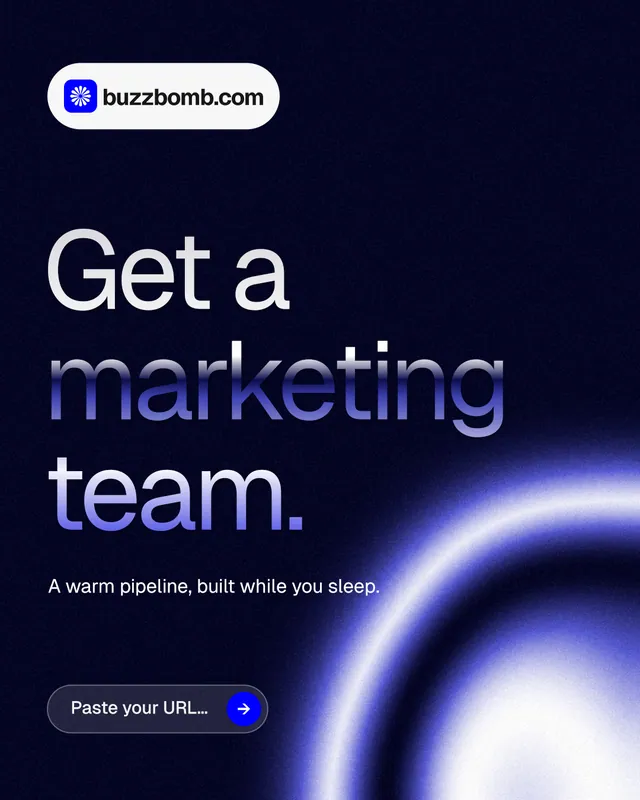 Instagram portrait post for BuzzBomb: "Get a marketing team." Agentic glass style, announce layout, dark palette in black, blue.
