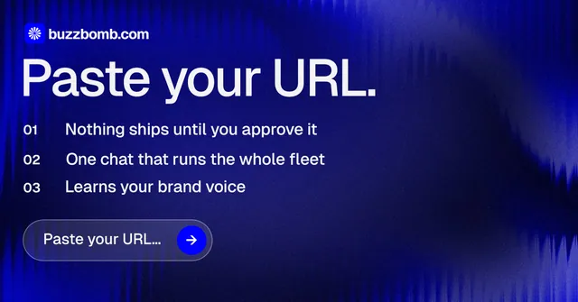 Social ad for BuzzBomb: "Paste your URL." Agentic glass style, numbered layout, dark palette in blue.
