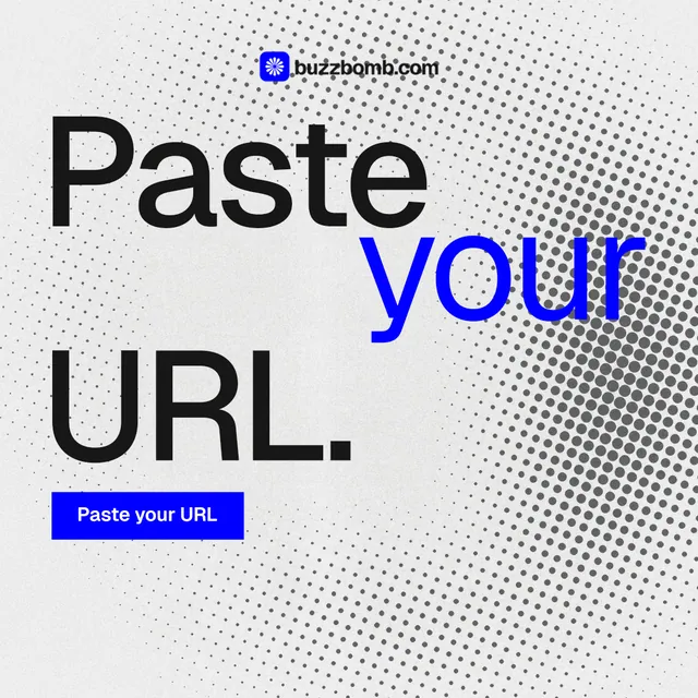 Instagram post for BuzzBomb: "Paste your URL." Swiss style, stacked layout, light palette in white, grey.