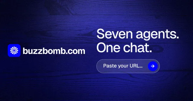 Social ad for BuzzBomb: "Seven agents. One chat." Agentic glass style, logo hero layout, dark palette in black, blue.
