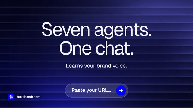 Landscape graphic for BuzzBomb: "Seven agents. One chat." Agentic glass style, centred layout, dark palette in blue, black, grey.