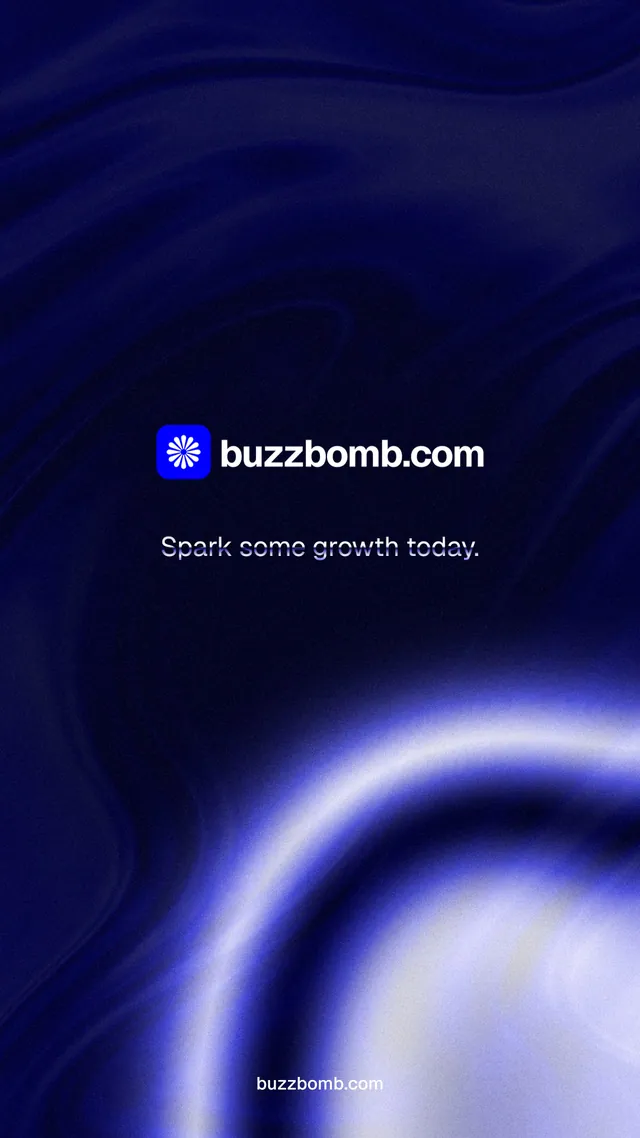 Instagram story for BuzzBomb: "Spark some growth today." Agentic glass style, end card layout, dark palette in blue, black.