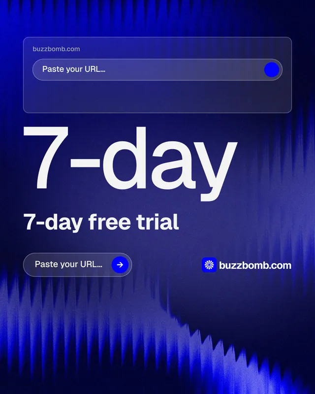 Instagram portrait post for BuzzBomb: "One launch. A week of posts." Agentic glass style, stat layout, dark palette in blue.