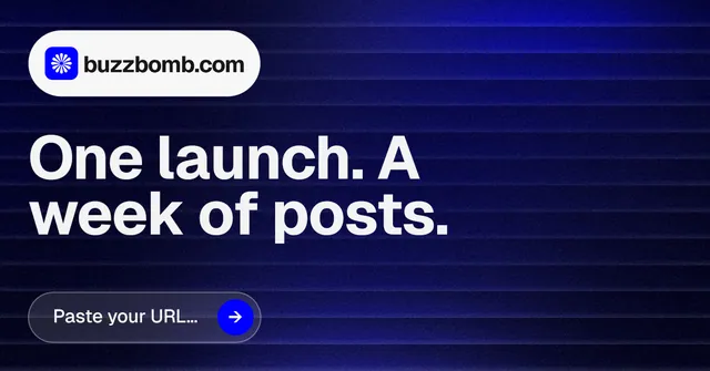 Social ad for BuzzBomb: "One launch. A week of posts." Agentic glass style, announce layout, dark palette in black, blue, grey.