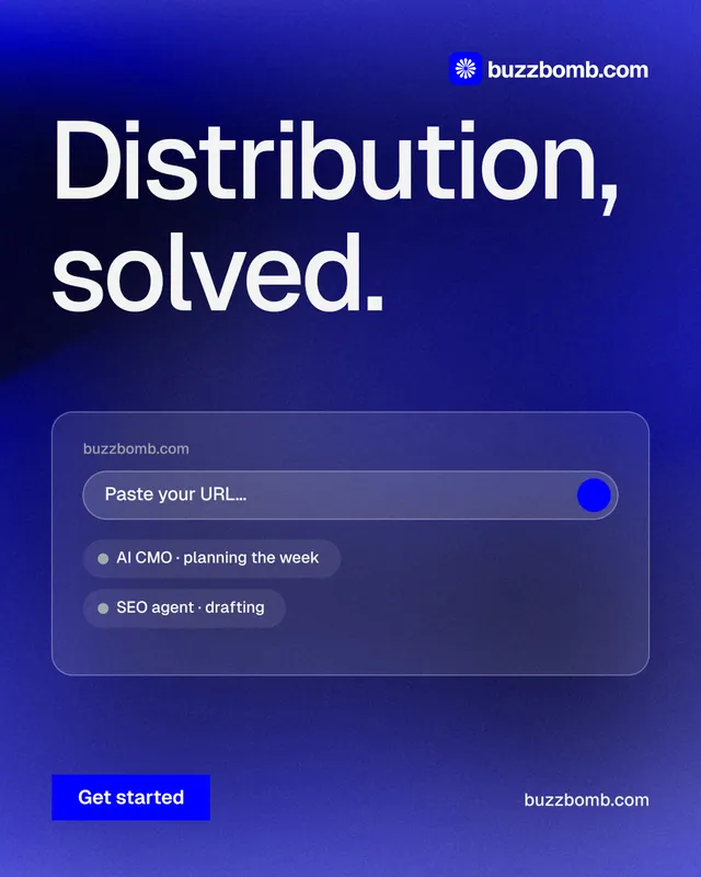 Instagram portrait post for BuzzBomb: "Distribution, solved." Swiss style, poster layout, dark palette in blue.