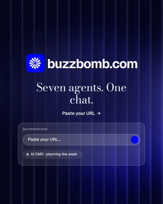 Instagram portrait post for BuzzBomb: "Seven agents. One chat." Minimal luxury style, logo hero layout, dark palette in blue, black.