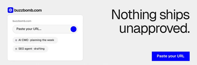 X header for BuzzBomb: "Nothing ships unapproved." Swiss style, right layout, light palette in white, blue.