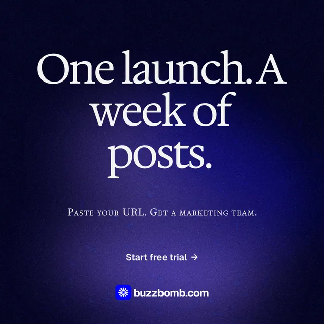 Instagram post for BuzzBomb: "One launch. A week of posts." Agentic glass style, smallcaps layout, dark palette in black, blue, grey.