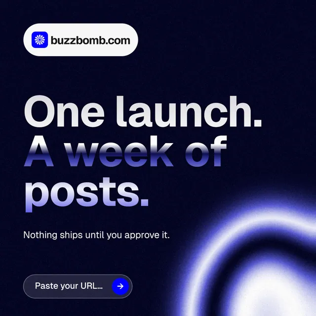 Instagram post for BuzzBomb: "One launch. A week of posts." Agentic glass style, announce layout, dark palette in black, blue.