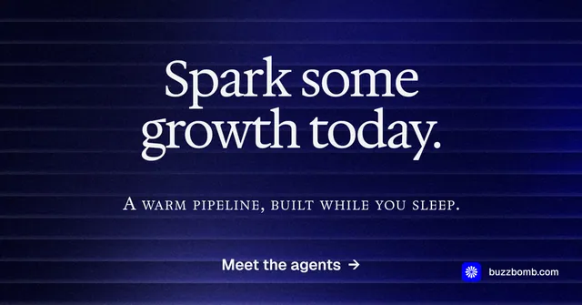 Social ad for BuzzBomb: "Spark some growth today." Agentic glass style, smallcaps layout, dark palette in black, blue, grey.