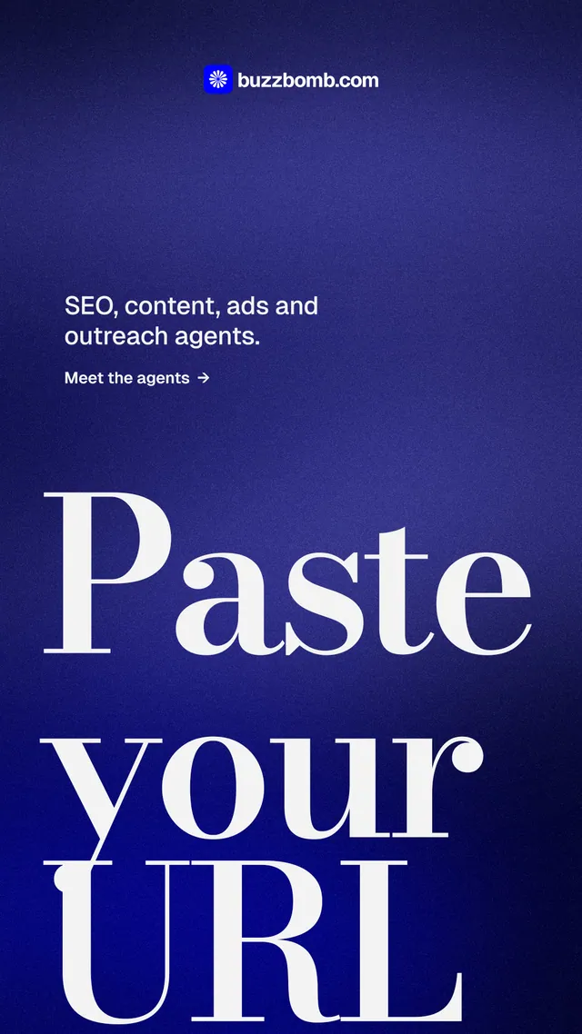 Instagram story for BuzzBomb: "Paste your URL." Minimal luxury style, oversized layout, dark palette in blue.
