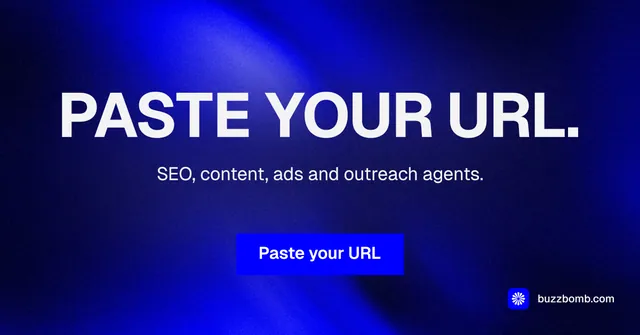 Social ad for BuzzBomb: "Paste your URL." Swiss style, centred layout, dark palette in blue.