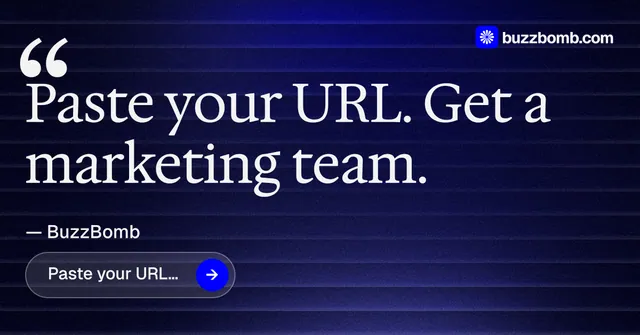 Social ad for BuzzBomb: "Get a marketing team." Agentic glass style, quote layout, dark palette in black, blue, grey.