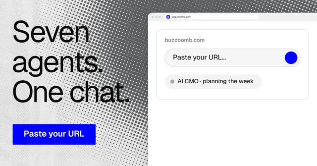 Social ad for BuzzBomb: "Seven agents. One chat." Split block style, browser layout, light palette in white, grey.