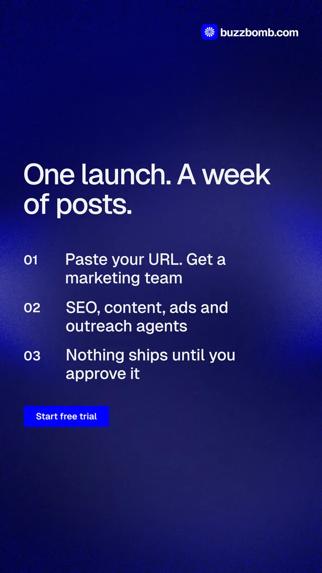 Instagram story for BuzzBomb: "One launch. A week of posts." Swiss style, numbered layout, dark palette in blue.