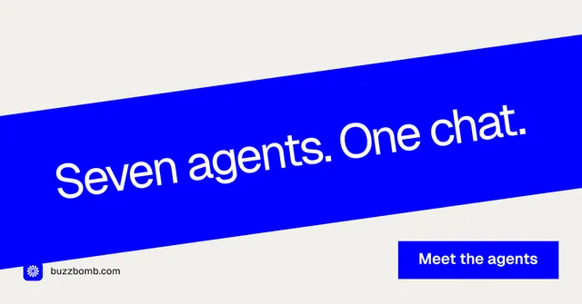 Social ad for BuzzBomb: "Seven agents. One chat." Swiss style, diagonal layout, light palette in blue, white.