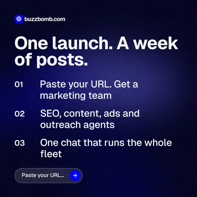 Instagram post for BuzzBomb: "One launch. A week of posts." Agentic glass style, numbered layout, dark palette in black, blue, grey.
