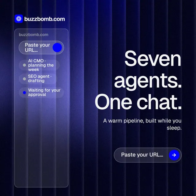 Instagram post for BuzzBomb: "Seven agents. One chat." Agentic glass style, right layout, dark palette in black, blue.