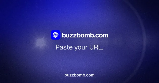 Social ad for BuzzBomb: "Paste your URL." Swiss style, end card layout, dark palette in blue.